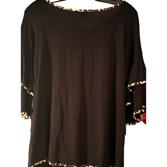 Cable & Gauge Shirt Top Blouse Black With Animal Print Trim Layered Bell Sleeves - Picture 2 of 8